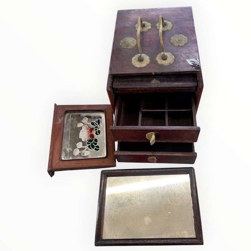 Vintage Wooden Storage Box with Drawers & Brass-Tone Details