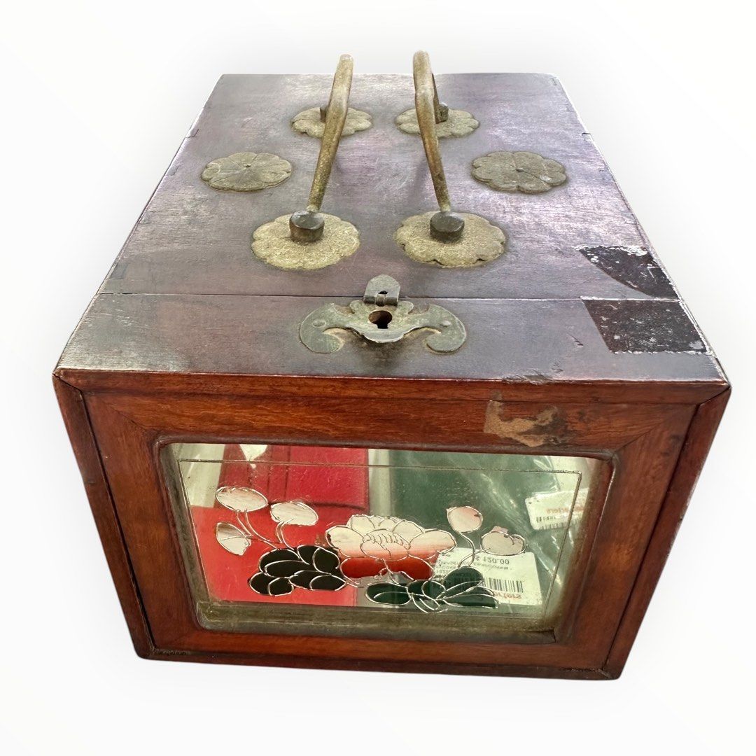 Vintage Wooden Storage Box with Drawers & Brass-Tone Details
