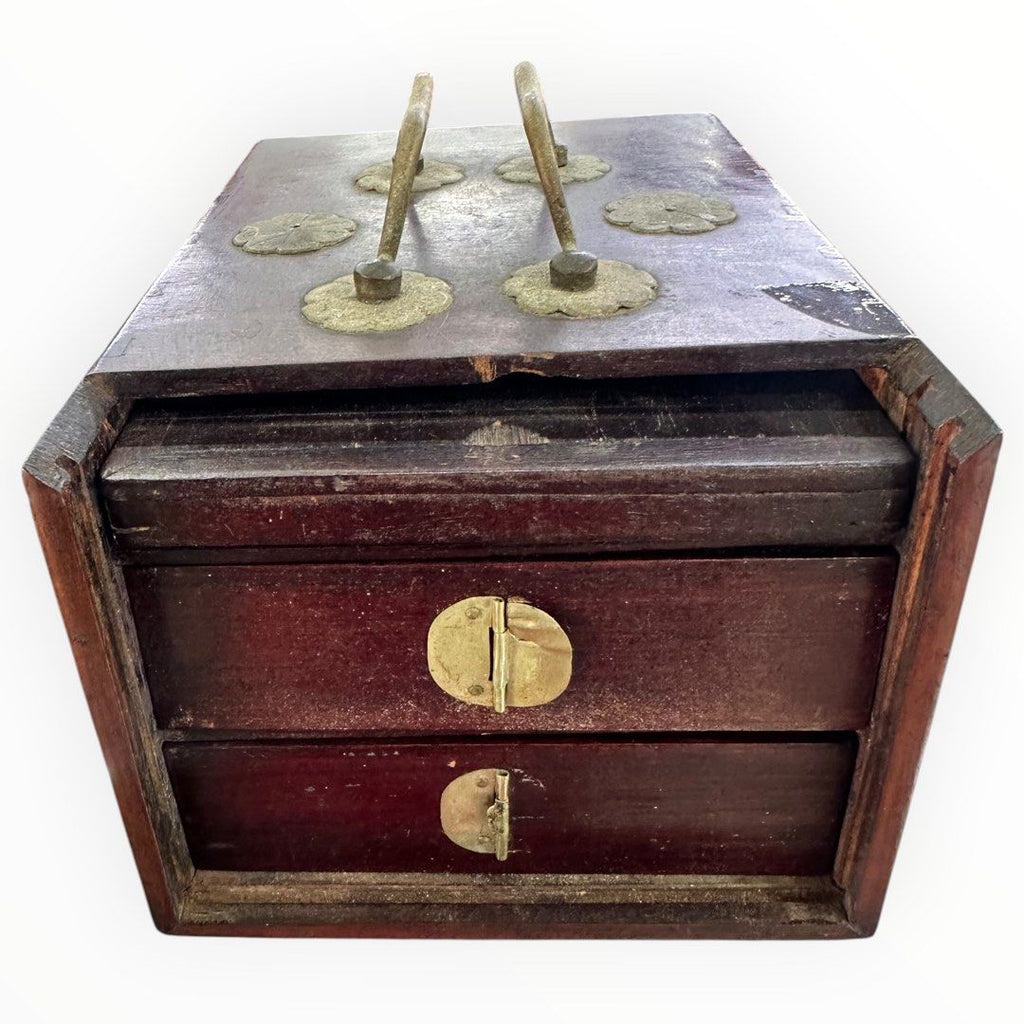 Vintage Wooden Storage Box with Drawers & Brass-Tone Details