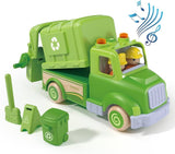 Wanborns Wooden Garbage Truck Toys - Toddler Recycling Truck for 18M+ 2 3 4 5 Years Old Kids, Realistic Car with Trash Can Lifter and Dumping Function, Toy Vehicle Set with Sound & Light