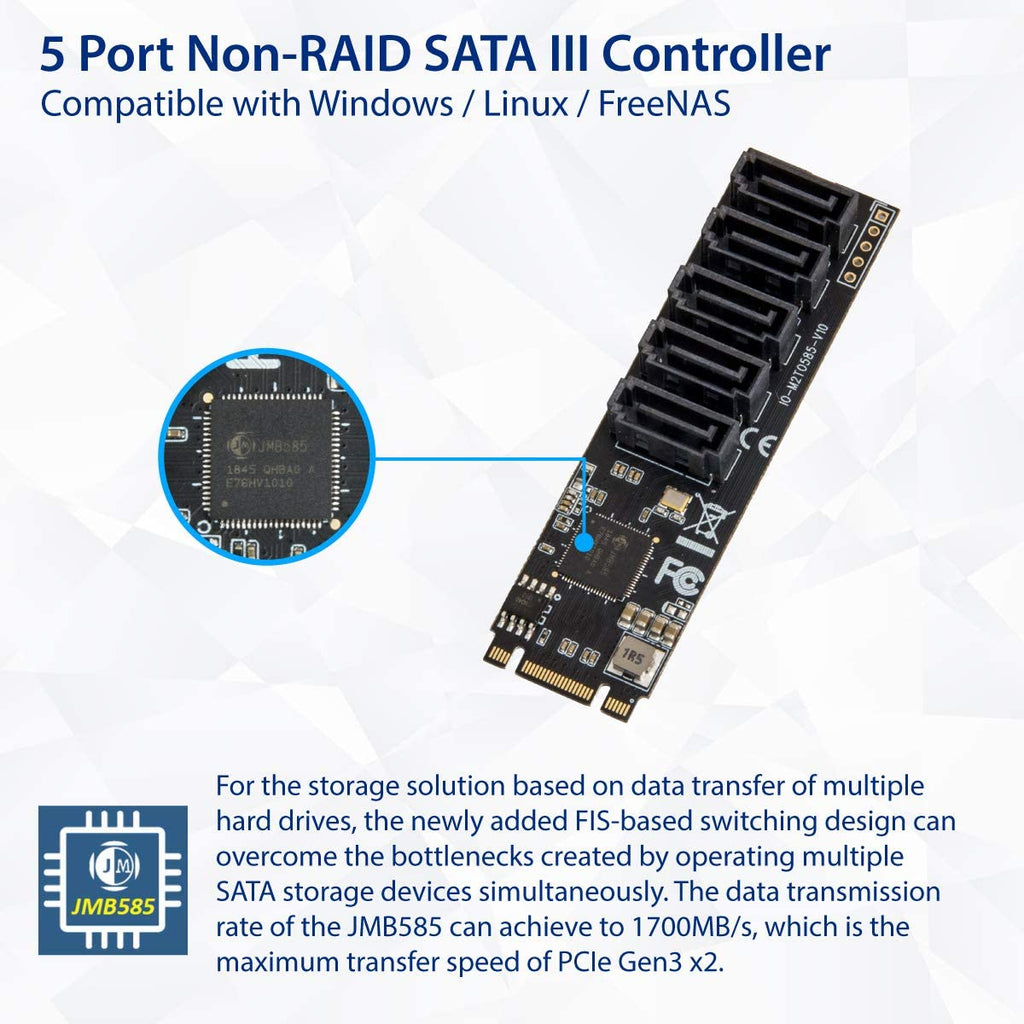IOCrest Internal 5 Port NonRAID SATA III 6GBps Adapter Card For Desktop PC Support SSD And HDD JMB585 Chipset - Cash Converters