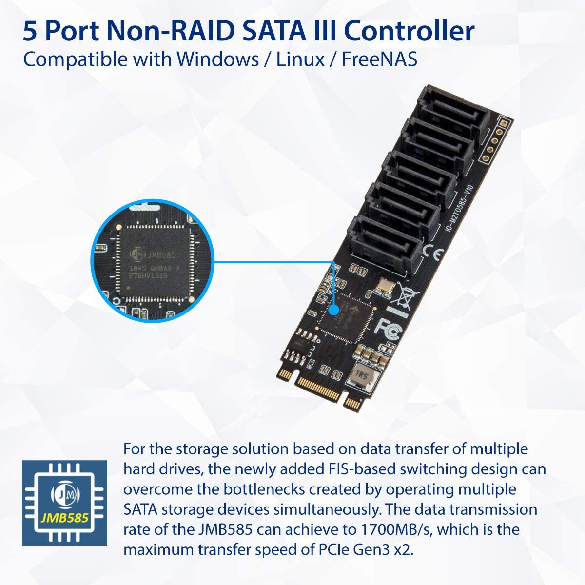 IOCrest Internal 5 Port NonRAID SATA III 6GBps Adapter Card For Desktop PC Support SSD And HDD JMB585 Chipset - Cash Converters