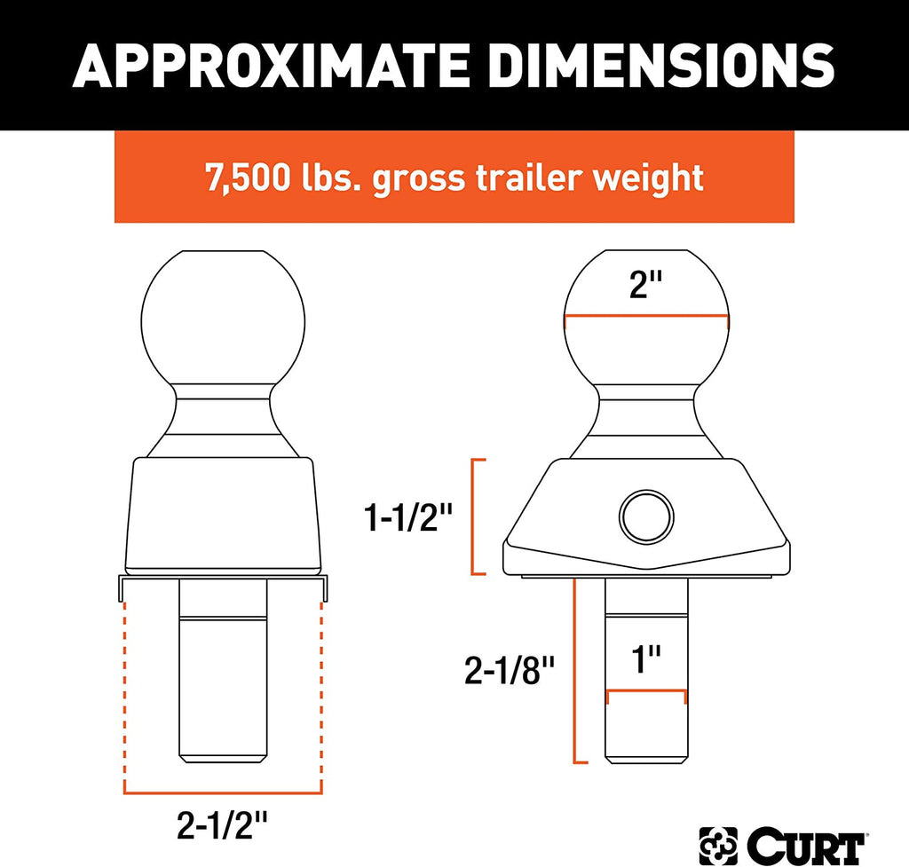 CURT 40047 RockerBall Cushion Hitch Trailer Ball 7500 lbs 2Inch Diameter 1Inch Shank