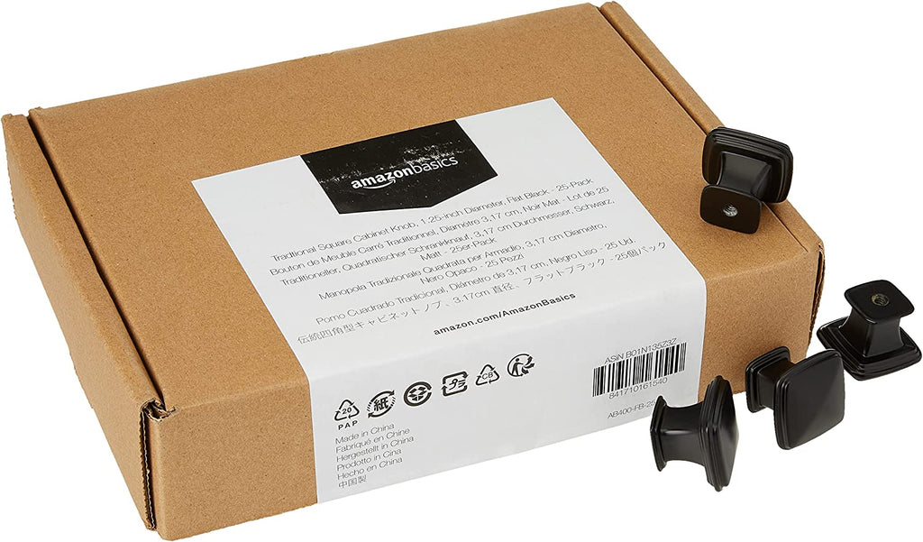 AmazonBasics Traditional Square Cabinet Knob 1.25in Diameter Flat Black 25Pack