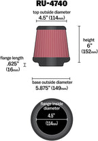K&N Universal Clamp On Air Intake Filter High Performance Premium Washable Replacement Filter Flange Diameter: 4.5 In Filter Height 6 In Flange L 0.625 In Shape Round Tapered RU 4740 Black