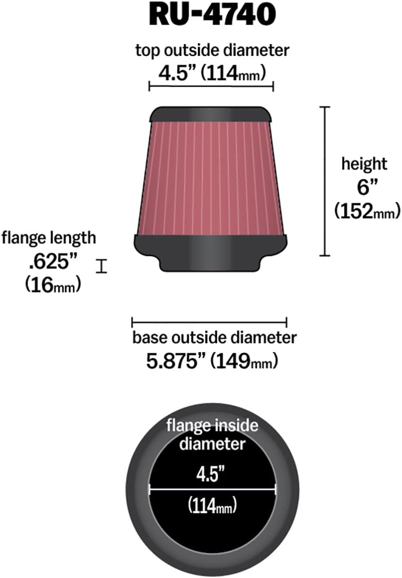 K&N Universal Clamp On Air Intake Filter High Performance Premium Washable Replacement Filter Flange Diameter: 4.5 In Filter Height 6 In Flange L 0.625 In Shape Round Tapered RU 4740 Black