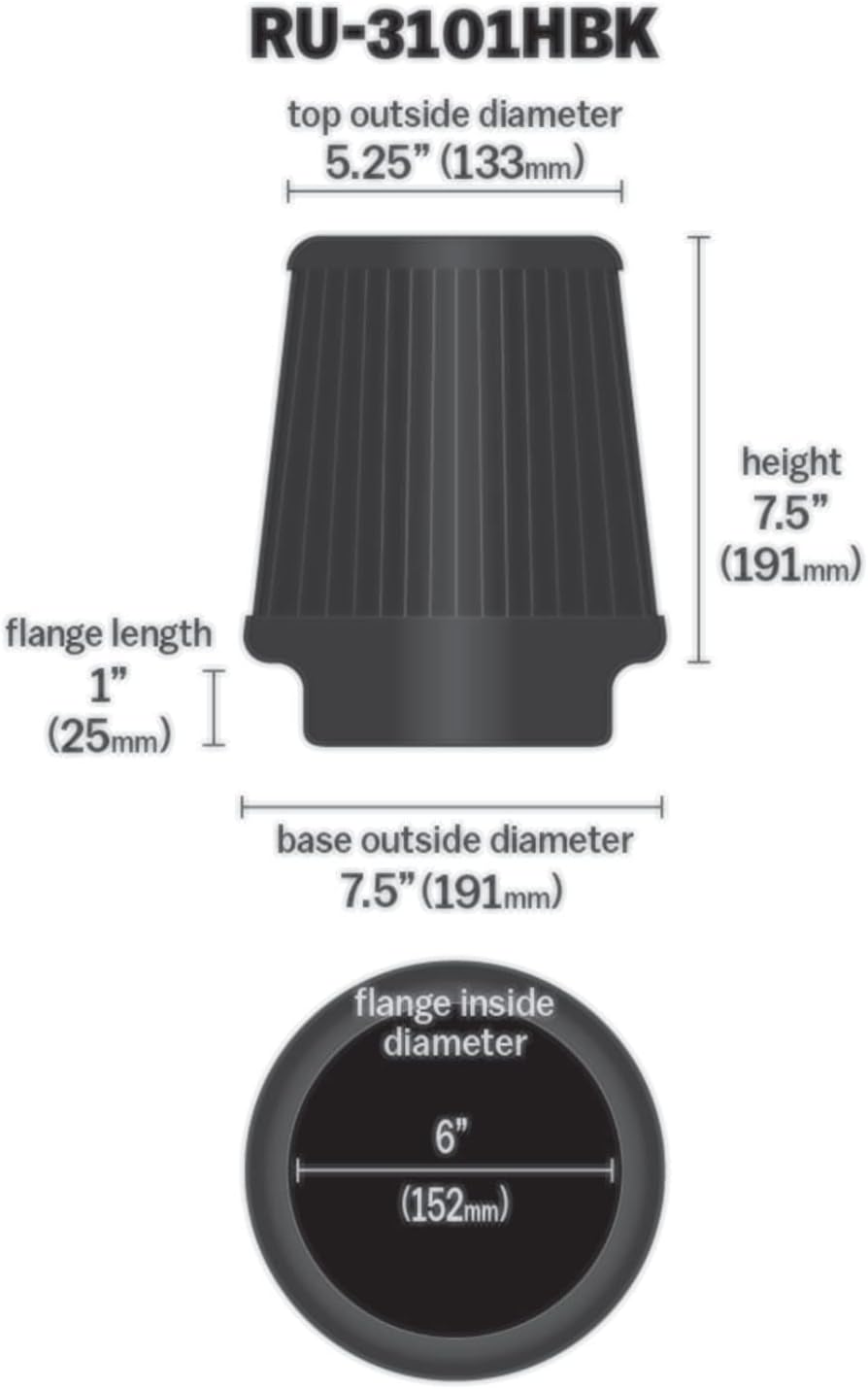K&N Universal ClampOn Air Intake Filter Round Tapered RU3101HBK