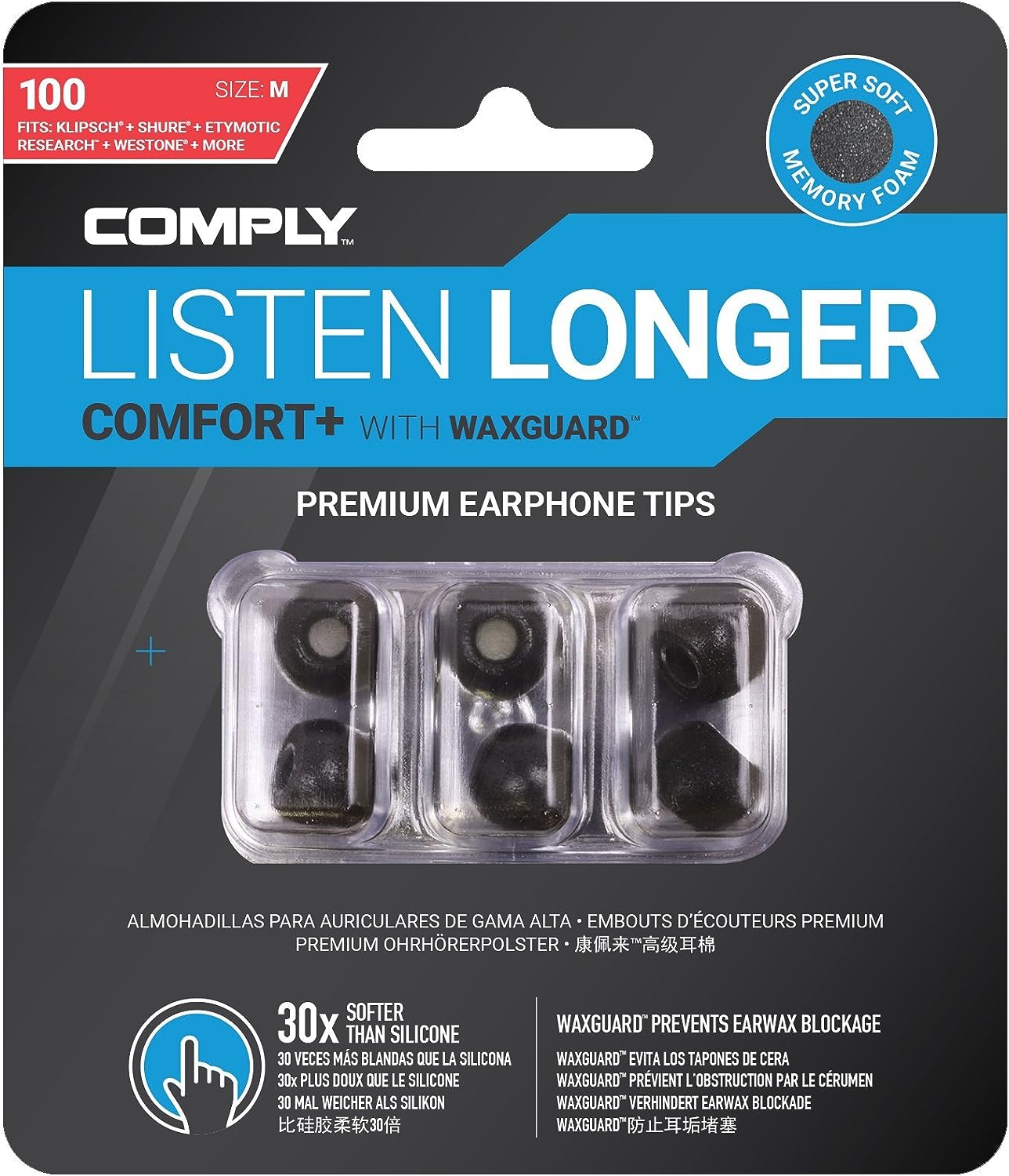 Comply 29-10121-11 Comfort Plus Premium Memory Foam Earphone Tips Black Large 3 Pairs Main image