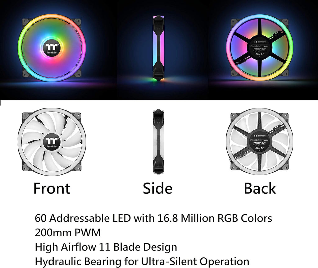 Thermaltake Riing Trio 200mm 16.8 Million RGB Color Software Enabled 3 Light Rings 60 Addressable LED 11 Blades Hydraulic Bearing Case/Radiator Fan Single Pack CL-F083-PL20SW-A