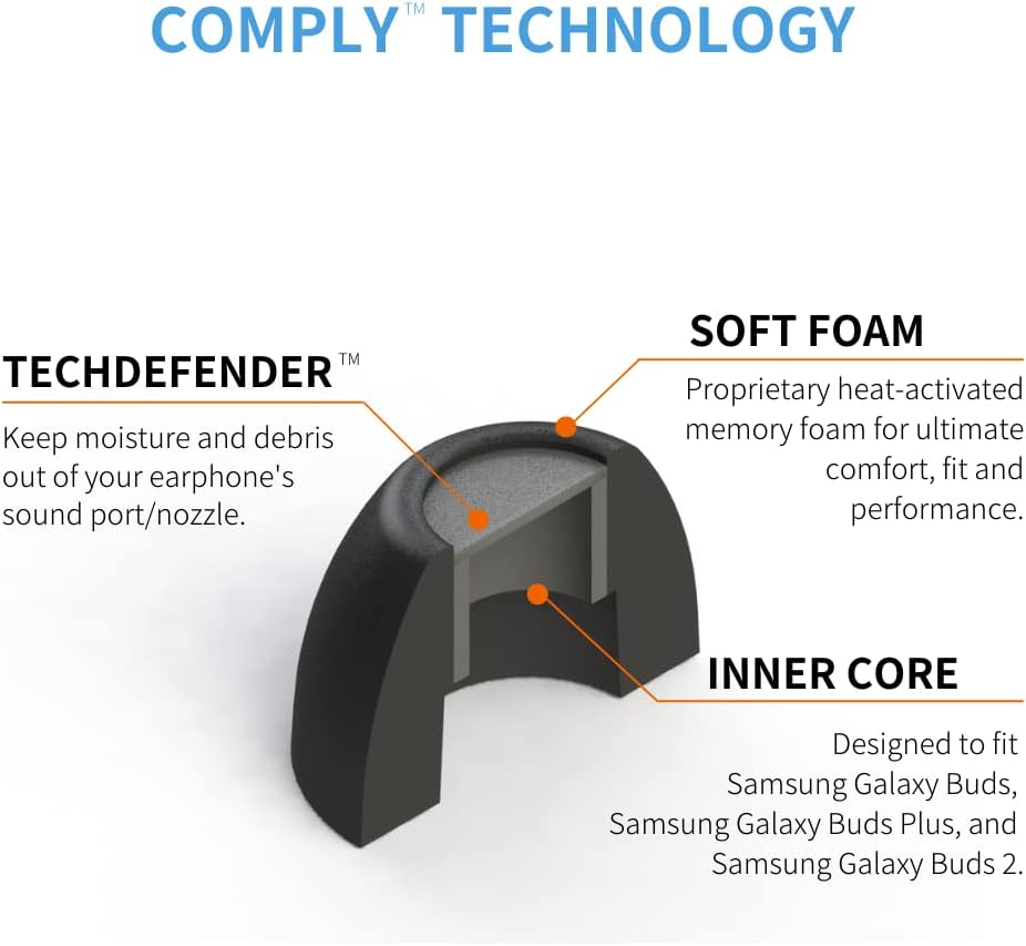 Comply TrueGrip Pro Memory Foam Replacement Earbud Tips For Samsung Galaxy Buds, Galaxy Buds+ True Wireless Earphones Medium 3 Pairs
